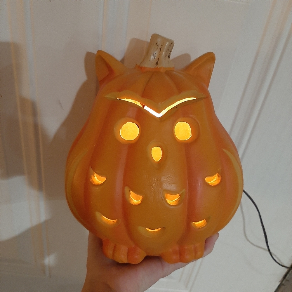 🛍Halloween Blow Mold Lighted Owl Orange Pumpkin Jack-o-lantern
